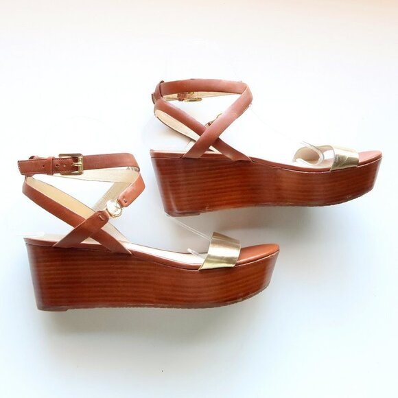 Michael Kors Brown & Gold Platform Wedge Strappy Open Toe Sandals / Summer Shoes - Picture 12 of 16